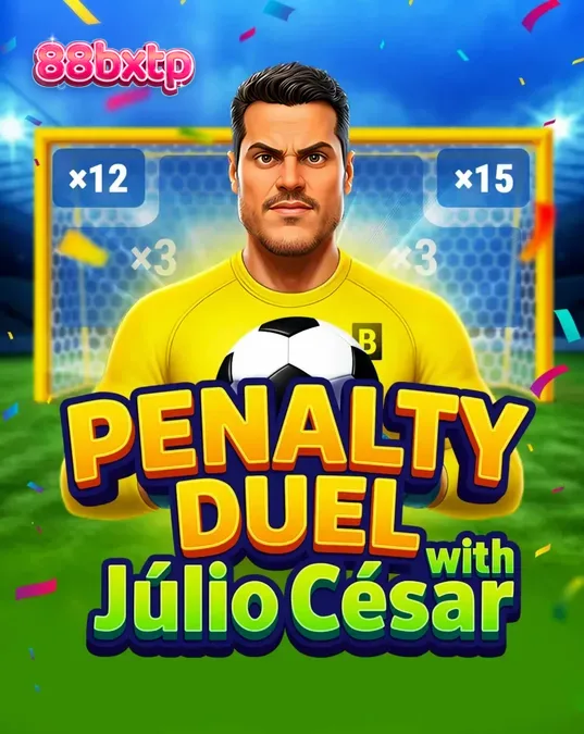 Interface do jogo Penalty Duel com Júlio César mostrando o goleiro e a grade de pênaltis